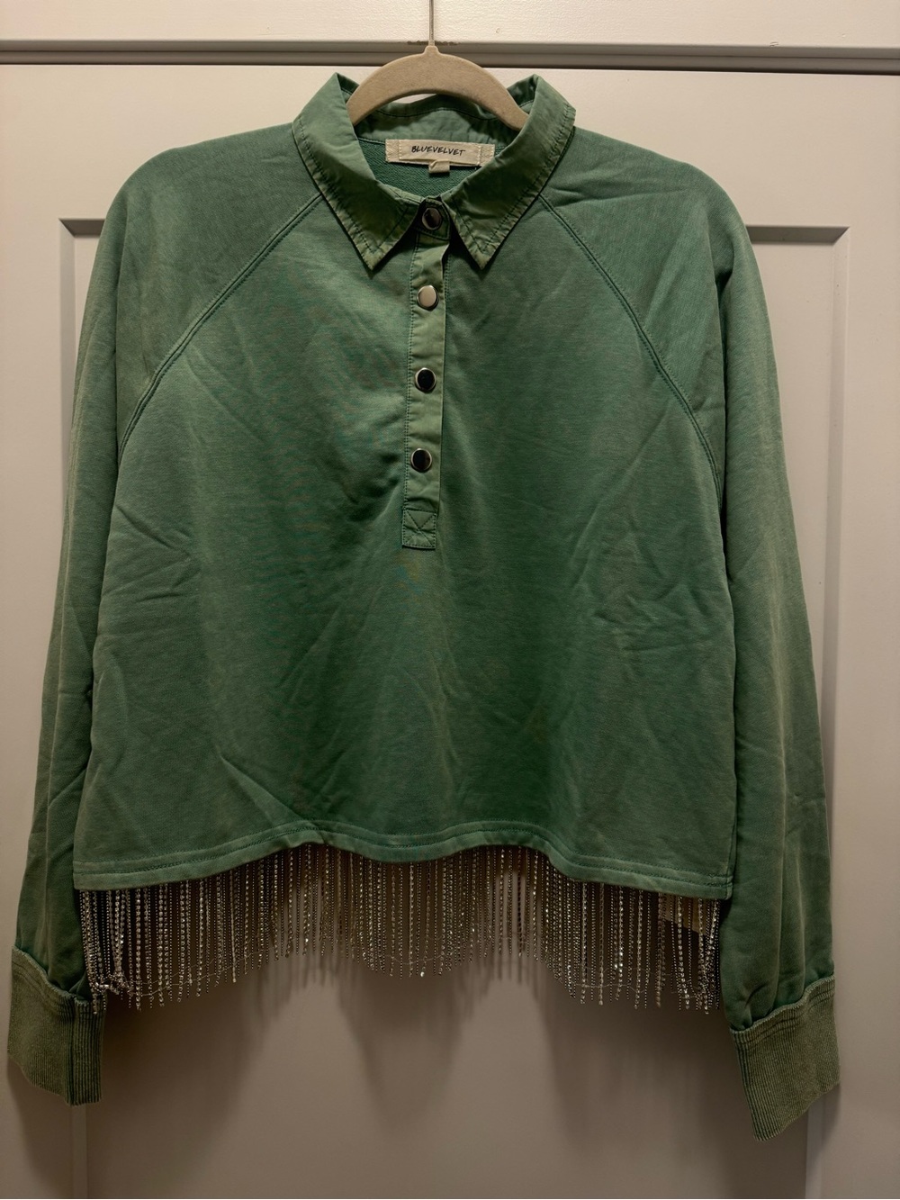 🆕 Blue Velvet Washed Green Button-Front Rhinestone Hem Crop Pullover. M. NWT!🔥🔥